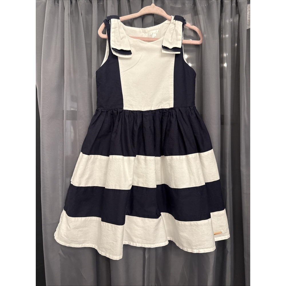 Tahari Girl Navy White Striped Dress Bow Accents Nautical Toddler Size 4